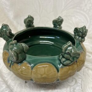 Mid Century Vintage Planter Bowl 6 Lucky Elephants On Rim Majolica Style